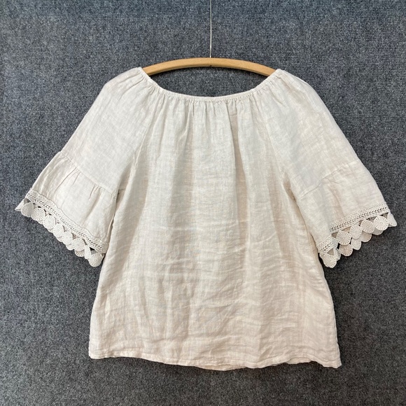 Terzo Millennio Linen Top Small Lace Trim Elastic Neckline Beige - Picture 8 of 8